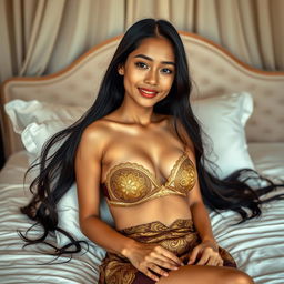 In a privately decorated room with soft white and light brown tones, a captivating 21-year-old woman is portrayed as an elegant Javanese queen