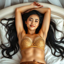 In a privately decorated room with soft white and light brown tones, a captivating 21-year-old woman is portrayed as an elegant Javanese queen