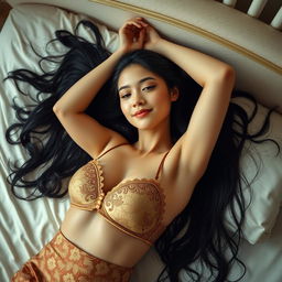 In a privately decorated room with soft white and light brown tones, a captivating 21-year-old woman is portrayed as an elegant Javanese queen