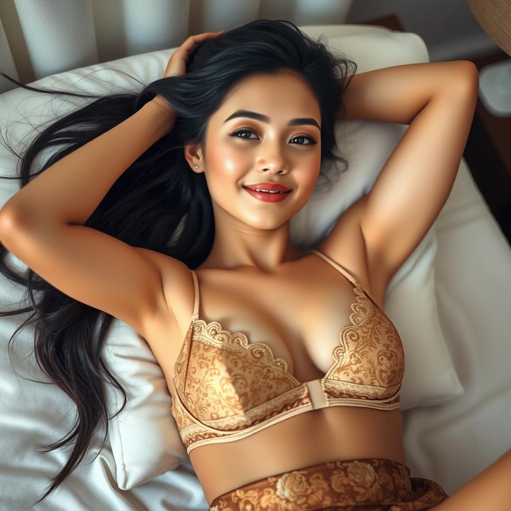 In a privately decorated room with soft white and light brown tones, a captivating 21-year-old woman is portrayed as an elegant Javanese queen