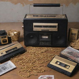 A collection of vintage items representing old school gangsta rap culture, including cassette tapes, chunky gold chains, graffiti, a microphone, and a boombox