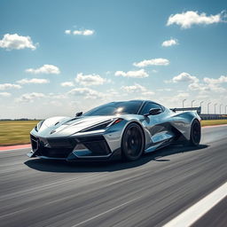 A futuristic hybrid vehicle merging the sleek performance design of the Corvette C8 with the innovative features of the Mustang Mach-E