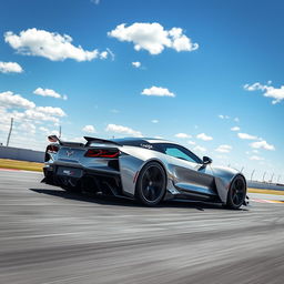 A futuristic hybrid vehicle merging the sleek performance design of the Corvette C8 with the innovative features of the Mustang Mach-E