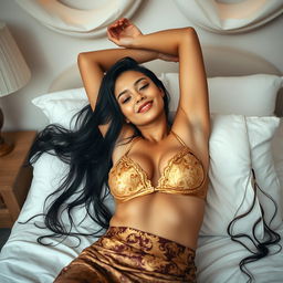 In a privately decorated room with soft white and light brown tones, a captivating 21-year-old woman is portrayed as an elegant Javanese queen, lying on her back with her hands above her head, relaxing on a luxurious bed