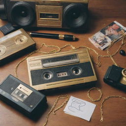 A collection of vintage items representing old school gangsta rap culture, including cassette tapes, chunky gold chains, graffiti, a microphone, and a boombox