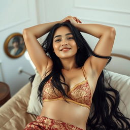 In a privately decorated room with soft white and light brown tones, a captivating 21-year-old woman is portrayed as an elegant Javanese queen, lying on her back with her hands above her head, relaxing on a luxurious bed