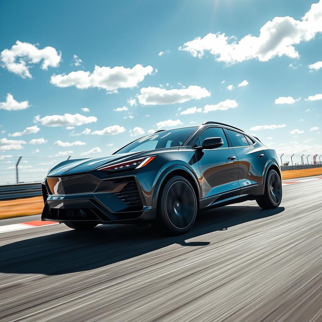 A stunning crossover utility vehicle (CUV) that artfully blends the sleek sports car lines of the Corvette C8 with the modern, electric efficiency of the Tesla Model Y