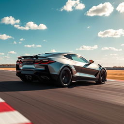 A stunning crossover utility vehicle (CUV) that artfully blends the sleek sports car lines of the Corvette C8 with the modern, electric efficiency of the Tesla Model Y