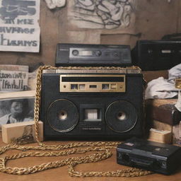 A collection of vintage items representing old school gangsta rap culture, including cassette tapes, chunky gold chains, graffiti, a microphone, and a boombox