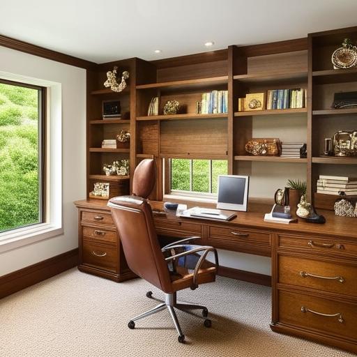 A well-lit, spacious home office with modern furnishings, large windows, a sturdy oak desk, a high-backed leather chair, and shelves filled with books and decorative trinkets. Carpets of earthy tones add warmth to the space.