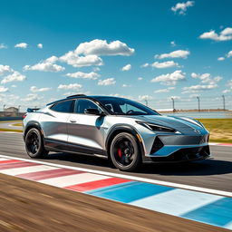 A stunning crossover utility vehicle (CUV) that artfully blends the sleek sports car lines of the Corvette C8 with the modern, electric efficiency of the Tesla Model Y