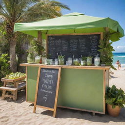 A vibrant and lively mojitos stand, filled with fresh ingredients like limes, mint leaves, and crushed ice. The stand is brightly decorated with tropical elements and a chalkboard menu, set up at a bustling beachside location under a clear, sunny sky.