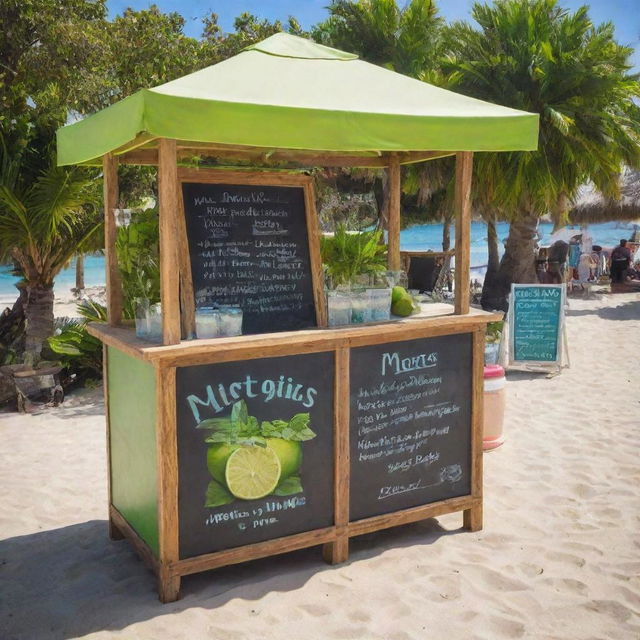 A vibrant and lively mojitos stand, filled with fresh ingredients like limes, mint leaves, and crushed ice. The stand is brightly decorated with tropical elements and a chalkboard menu, set up at a bustling beachside location under a clear, sunny sky.