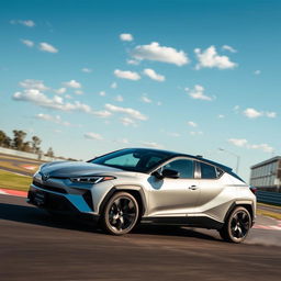 An innovative crossover utility vehicle (CUV) that seamlessly merges the sporty, bold aesthetics of the Corvette C8 with the compact, angular design of the Toyota C-HR