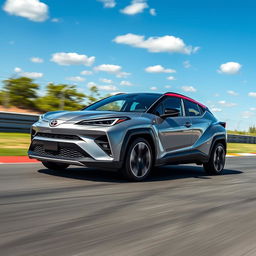 An innovative crossover utility vehicle (CUV) that seamlessly merges the sporty, bold aesthetics of the Corvette C8 with the compact, angular design of the Toyota C-HR