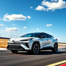 An innovative crossover utility vehicle (CUV) that seamlessly merges the sporty, bold aesthetics of the Corvette C8 with the compact, angular design of the Toyota C-HR