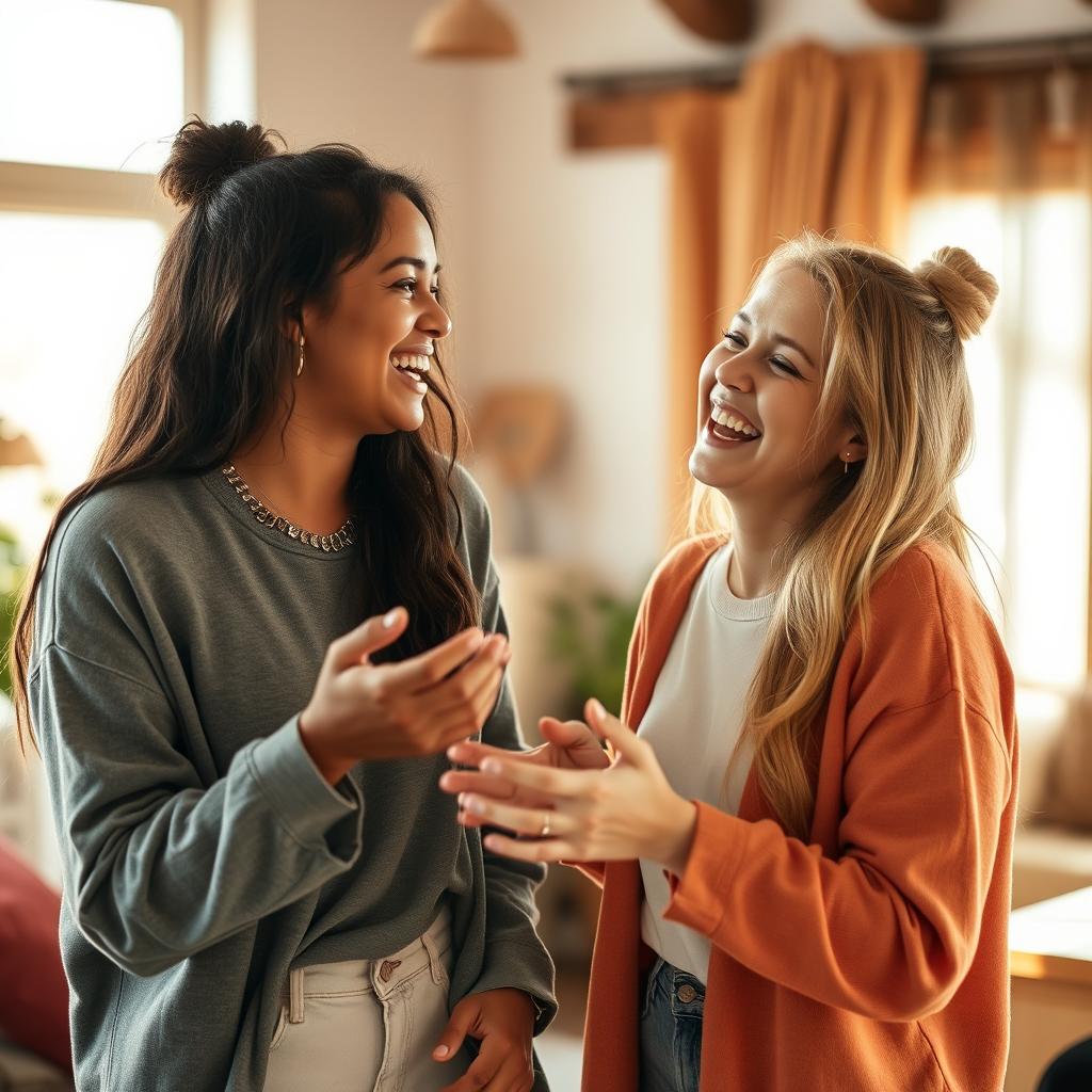 A warm and friendly scene depicting two joyful friends meeting, with genuine smiles and open gestures, set in a cozy and inviting environment filled with natural light and warm colors