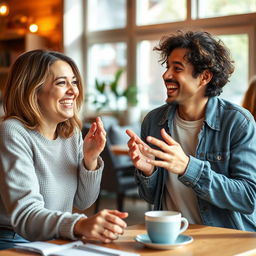 A warm and friendly scene depicting two joyful friends meeting, with genuine smiles and open gestures, set in a cozy and inviting environment filled with natural light and warm colors