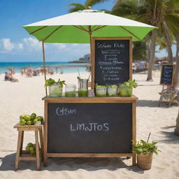 A vibrant and lively mojitos stand, filled with fresh ingredients like limes, mint leaves, and crushed ice. The stand is brightly decorated with tropical elements and a chalkboard menu, set up at a bustling beachside location under a clear, sunny sky.