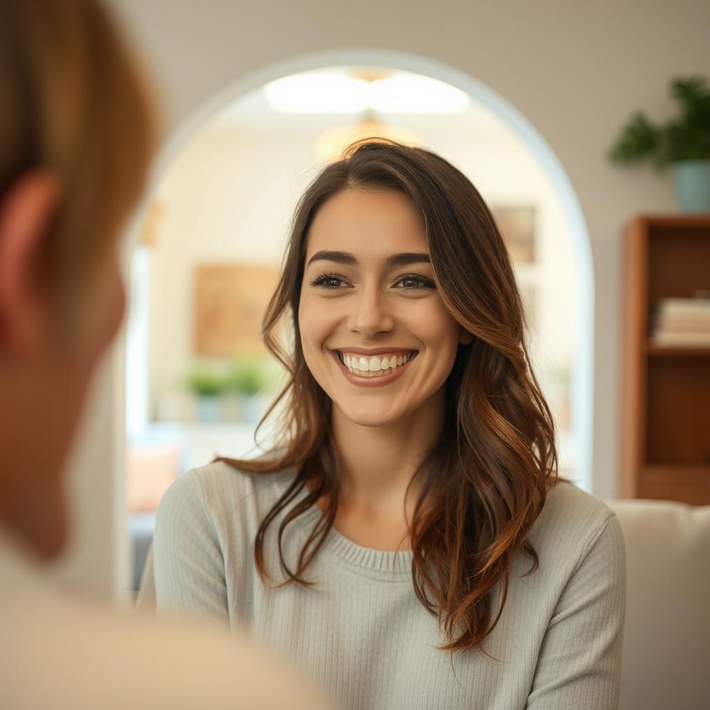 A friendly and inviting scene with a warm greeting, featuring a cheerful individual with a welcoming smile in a cozy, well-lit room