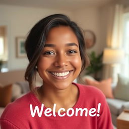 A friendly and inviting scene with a warm greeting, featuring a cheerful individual with a welcoming smile in a cozy, well-lit room