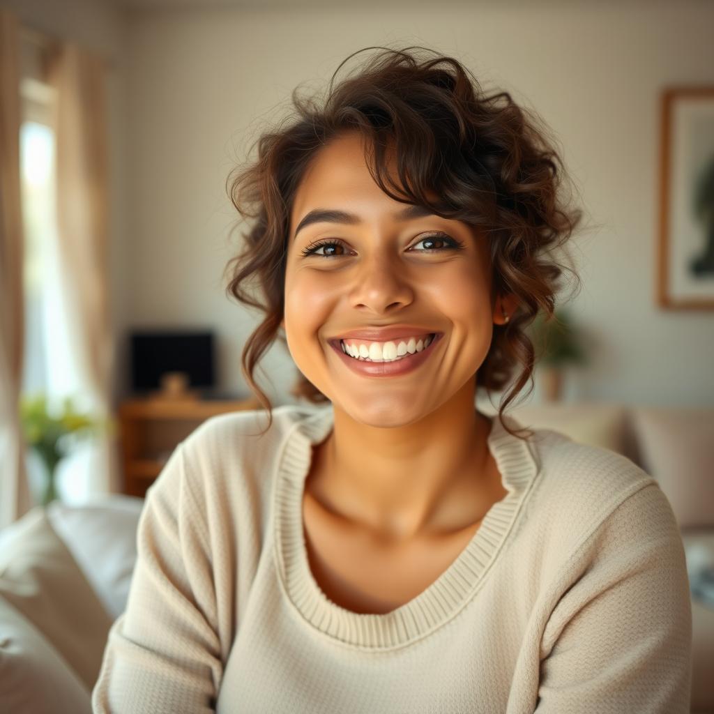 A friendly and inviting scene with a warm greeting, featuring a cheerful individual with a welcoming smile in a cozy, well-lit room