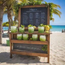 A vibrant and lively mojitos stand, filled with fresh ingredients like limes, mint leaves, and crushed ice. The stand is brightly decorated with tropical elements and a chalkboard menu, set up at a bustling beachside location under a clear, sunny sky.