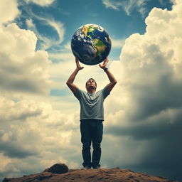 A symbolic representation of the burden of the world on one's shoulders, featuring a person standing strong, holding a globe above them surrounded by a dynamic sky that suggests both struggle and strength