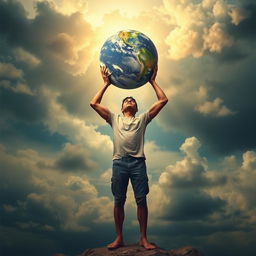 A symbolic representation of the burden of the world on one's shoulders, featuring a person standing strong, holding a globe above them surrounded by a dynamic sky that suggests both struggle and strength