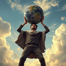 A symbolic representation of the burden of the world on one's shoulders, featuring a person standing strong, holding a globe above them surrounded by a dynamic sky that suggests both struggle and strength