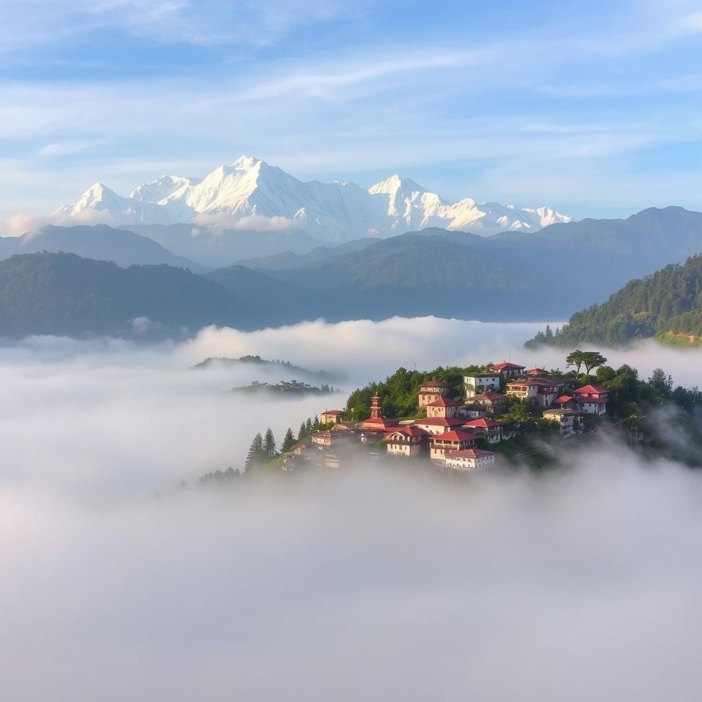 A breathtaking and serene town nestled within the clouds over the scenic landscapes of Sikkim