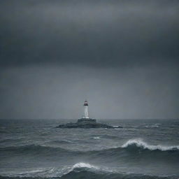 Visual representation of the concept of depression as a dark, stormy sea under a grey, overcast sky with a single, dimly lit lighthouse in the distance, symbolizing hope.