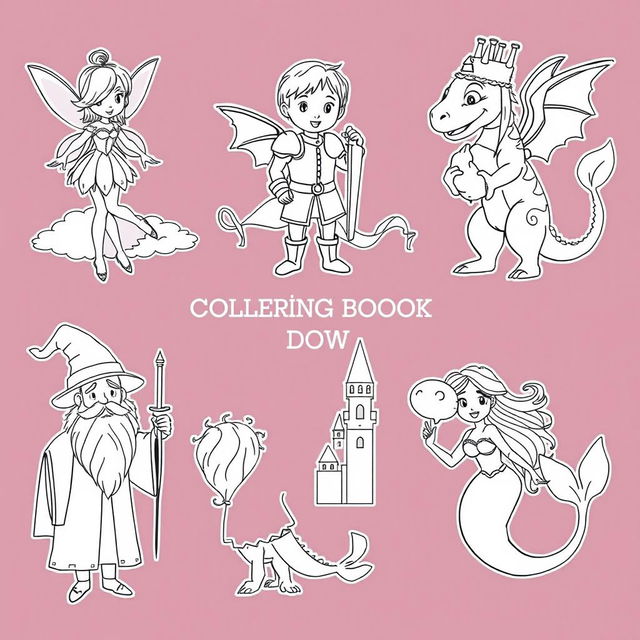 A collection of outlined characters for a coloring book, featuring a variety of whimsical and fantastical figures