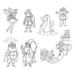 A collection of outlined characters for a coloring book, featuring a variety of whimsical and fantastical figures