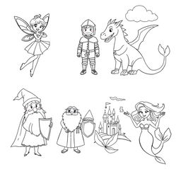 A collection of outlined characters for a coloring book, featuring a variety of whimsical and fantastical figures