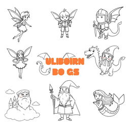 A collection of outlined characters for a coloring book, featuring a variety of whimsical and fantastical figures