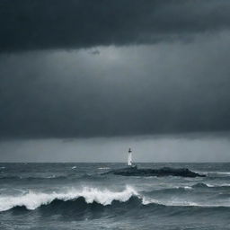 Visual representation of the concept of depression as a dark, stormy sea under a grey, overcast sky with a single, dimly lit lighthouse in the distance, symbolizing hope.