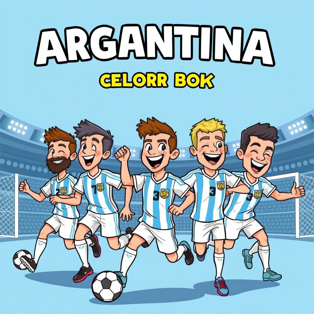 A coloring book featuring stylized characters inspired by the Argentina national football team, each player depicted in an illustrative and dynamic manner