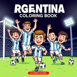 A coloring book featuring stylized characters inspired by the Argentina national football team, each player depicted in an illustrative and dynamic manner