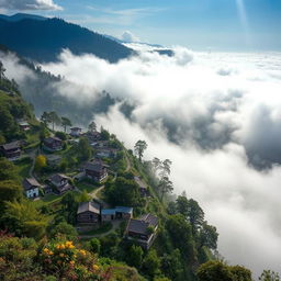 A picturesque town enveloped by clouds high in the stunning landscapes of Sikkim