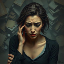 A depiction of a woman experiencing stress, capturing her with a thoughtful and introspective expression, surrounded by a chaotic environment that symbolizes her overwhelming feelings