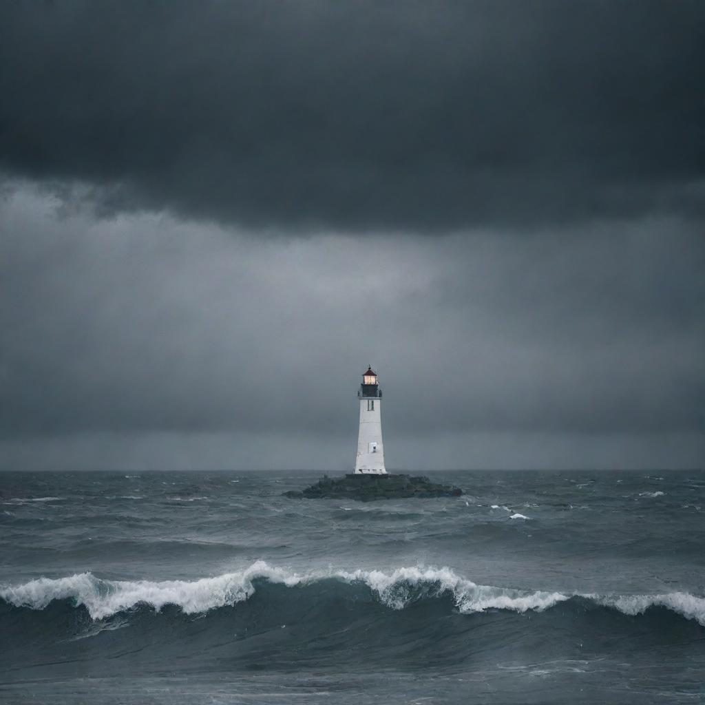 Visual representation of the concept of depression as a dark, stormy sea under a grey, overcast sky with a single, dimly lit lighthouse in the distance, symbolizing hope.