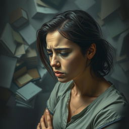 A depiction of a woman experiencing stress, capturing her with a thoughtful and introspective expression, surrounded by a chaotic environment that symbolizes her overwhelming feelings