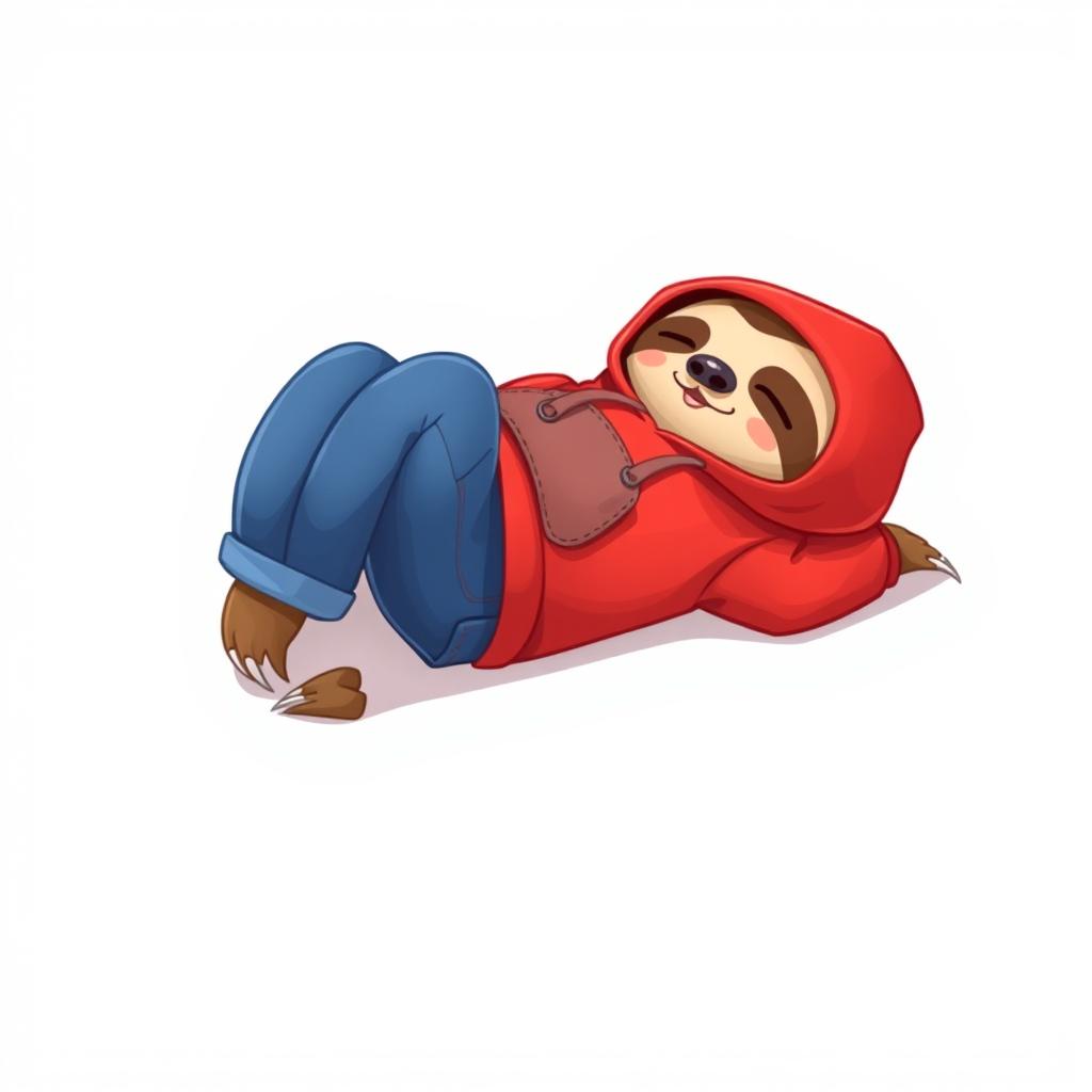 A cute 2D cartoon sloth wearing a vibrant red hoodie and stylish blue jeans, lying on its stomach with its rear slightly lifted