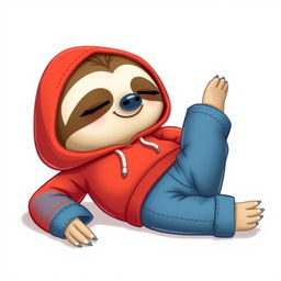 A cute 2D cartoon sloth wearing a vibrant red hoodie and stylish blue jeans, lying on its stomach with its rear slightly lifted