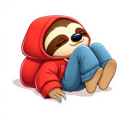 A cute 2D cartoon sloth wearing a vibrant red hoodie and stylish blue jeans, lying on its stomach with its rear slightly lifted