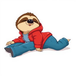 A cute 2D cartoon sloth wearing a vibrant red hoodie and stylish blue jeans, lying on its stomach with its rear slightly lifted