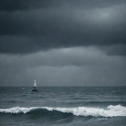 Visual representation of the concept of depression as a dark, stormy sea under a grey, overcast sky with a single, dimly lit lighthouse in the distance, symbolizing hope.