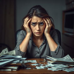 A depiction of a woman feeling overwhelmed by financial stress, captured in a pensive and concerned expression