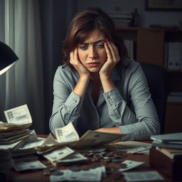 A depiction of a woman feeling overwhelmed by financial stress, captured in a pensive and concerned expression